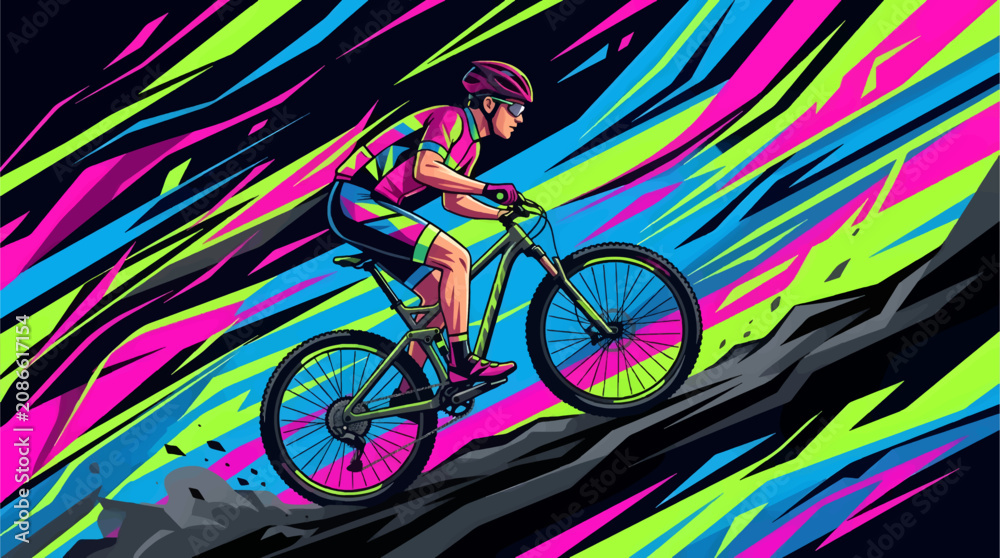 Fototapeta premium Cyclist Riding Mountain Bike Uphill, Professional Athlete in Athletic Gear and Helmet, Dynamic Vector Illustration with Neon Abstract Speed Lines and Vibrant Colors, Concept of Extreme Sports and
