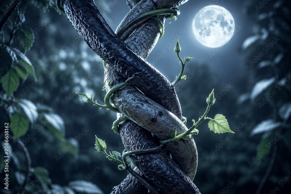 Fototapeta premium Two vines intertwined under moonlight with new buds emerging.