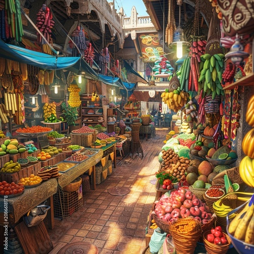 A vibrant digital painting of a bustling marketplace in a foreign country, filled with exotic foods and vibrant colors, 3DCG , high detailed