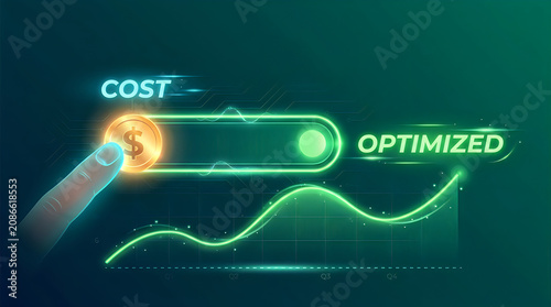 Concept of cost optimization visualized through interactive slider interface with coin icon and upward trending financial graph on dark green background.