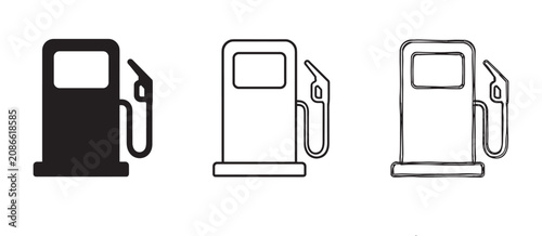 Gas pump icon vector set in solid, outline, and hand-drawn styles, representing fuel and energy.
