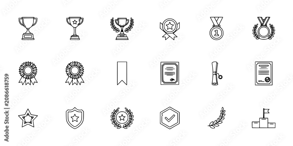 Fototapeta premium Awards and Trophies with Various Designs and Styles Arranged in a Set of Icons Featuring Award, Trophy, Medal with Ribbon