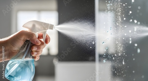 Hand spraying cleaning solution from a bottle, creating a fine mist and droplets on a surface. Hygiene and disinfection concept.