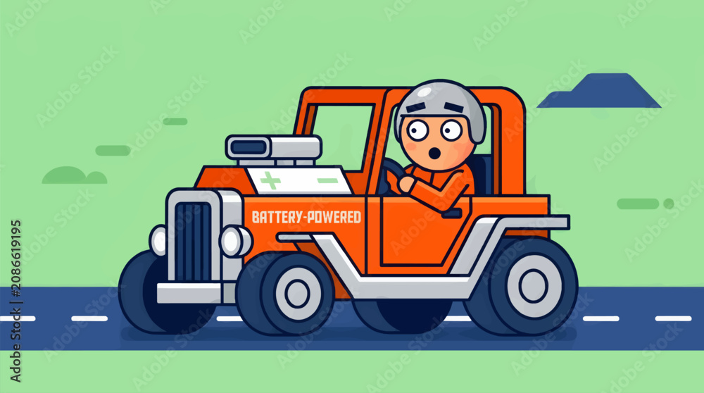 Naklejka premium Flat Vector Illustration of a Surprised Person Driving an Orange Battery-Powered Hot Rod Car on a Road with Green Background, Simple Graphic Style, Electric Vehicle Concept