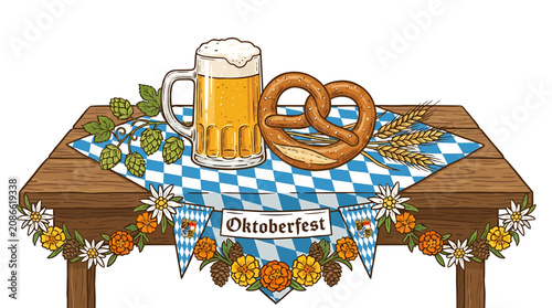 Oktoberfest Celebration with Beer Mug and Pretzel on a Festive Table.