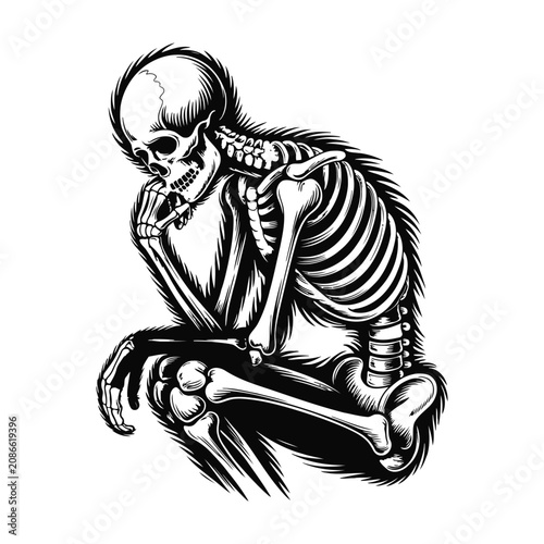 Skeleton sitting and thinking with fuzzy fur details in black and white.