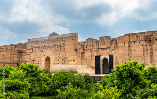 Ancient Ruins of a Medieval Royal Palace with Lush Green Gardens in Marrakech, Morocco