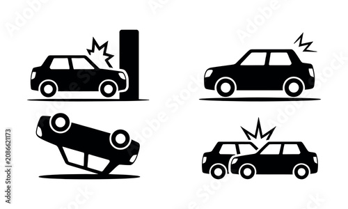 Foto Four black and white car accident icons showing different crash types