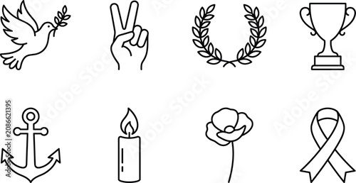 Konstfotografi Memorial, Awareness and Peace Icons Set with Dove, Poppy, Ribbon and Victory Lau