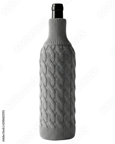 Grey cable knit wool sweater sleeve on bottle isolated transparent background
