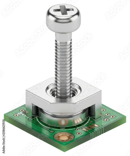 Metal screw with mounting hardware on circuit board over transparent background