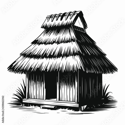 Thatched roof house in black and white on a white background.