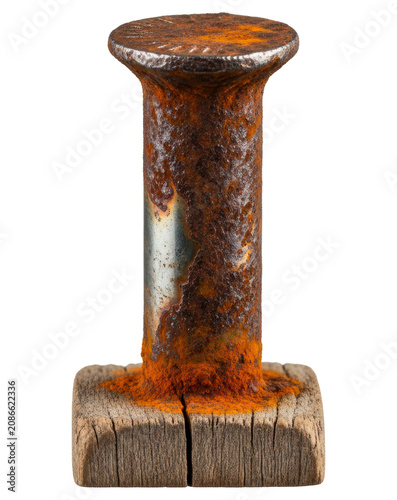 Rusty iron nail driven into aged wood block cut out on transparent background