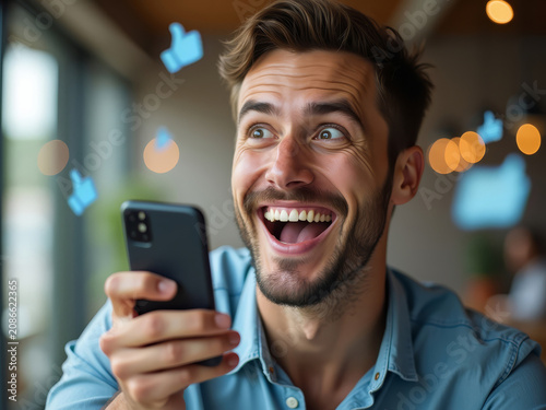 Viral Content Creator Reaction. Smartphone with Notifications. Social Media Success Scene.