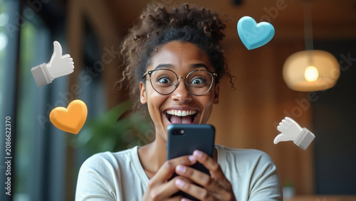 Creator Holding Smartphone with Likes. Viral Content Success. Social Media Popularity.