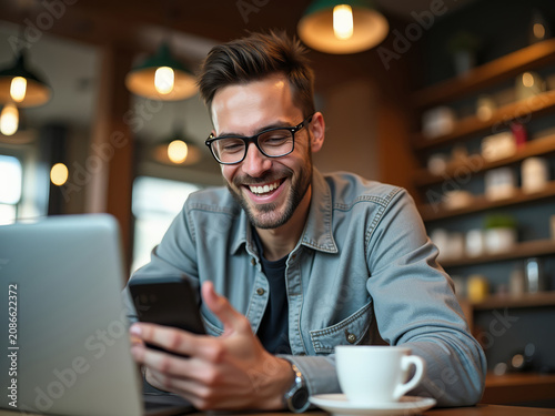 Freelancer Working in Coffee Shop. Online Income Lifestyle. Remote Work Scene.
