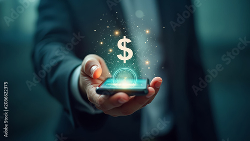 Dollar Symbol Emerging from Smartphone. Digital Income Concept. Mobile Earnings Visualization.