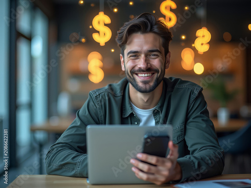 Young Entrepreneur with Laptop and Phone. Digital Work Lifestyle. Online Income Success.