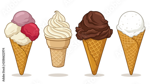 Photography Four ice cream cones with various flavors are placed side by side on a surface