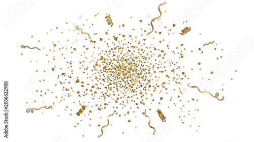 Φωτογραφία Golden confetti explodes in air with ribbons and dots flying everywhere outside