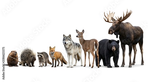 North american wildlife group portrait beaver porcupine raccoon fox wolf deer moose bear