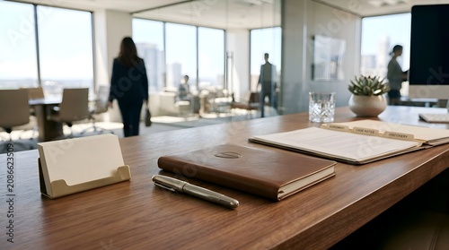 Modern office desk with business essentials and blurred professionals in background