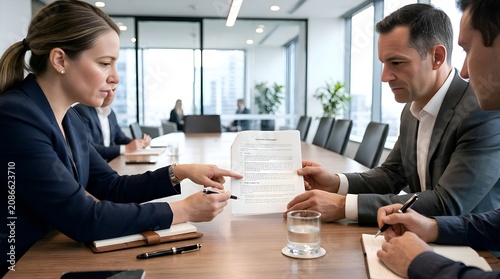 Business Meeting: Woman Explains Document To Colleagues In Boardroom