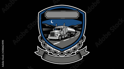 Heavy duty tanker truck emblem with mountain landscape and chain