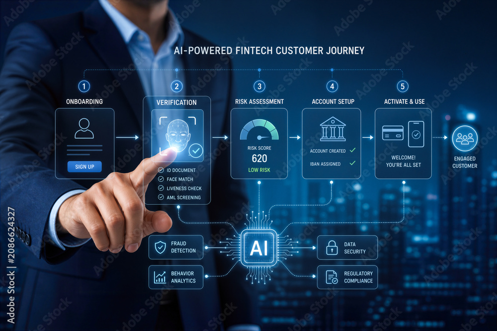 Fototapeta premium Businessman interacting with AI-powered fintech customer journey verification workflow onboarding verification risk assessment account setup activation AML screening fraud detection data security