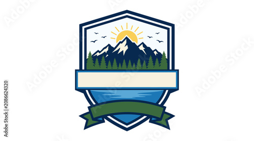 Mountain landscape logo with sun and banner.