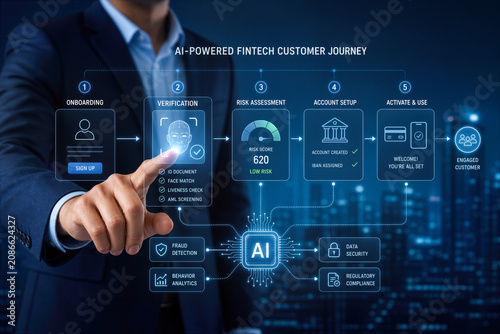Businessman interacting with AI-powered fintech customer journey verification workflow onboarding verification risk assessment account setup activation AML screening fraud detection data security