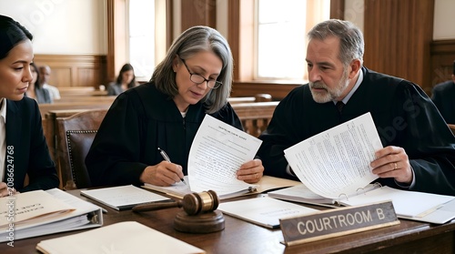 Judges Reviewing Documents in Courtroom Setting
