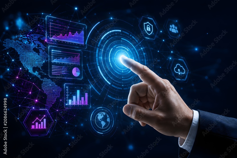 Fototapeta premium Hand pointing at glowing blue circular interface with technology symbols on dark background