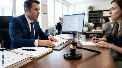 Lawyer consults client in office with gavel, legal documents, computer