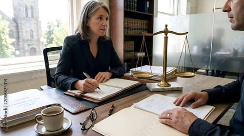Lawyer Consulting Client in Office with Scales of Justice