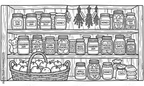 Rustic farmhouse pantry shelves with canned preserves mason jars apple basket and cute mouse coloring page line art