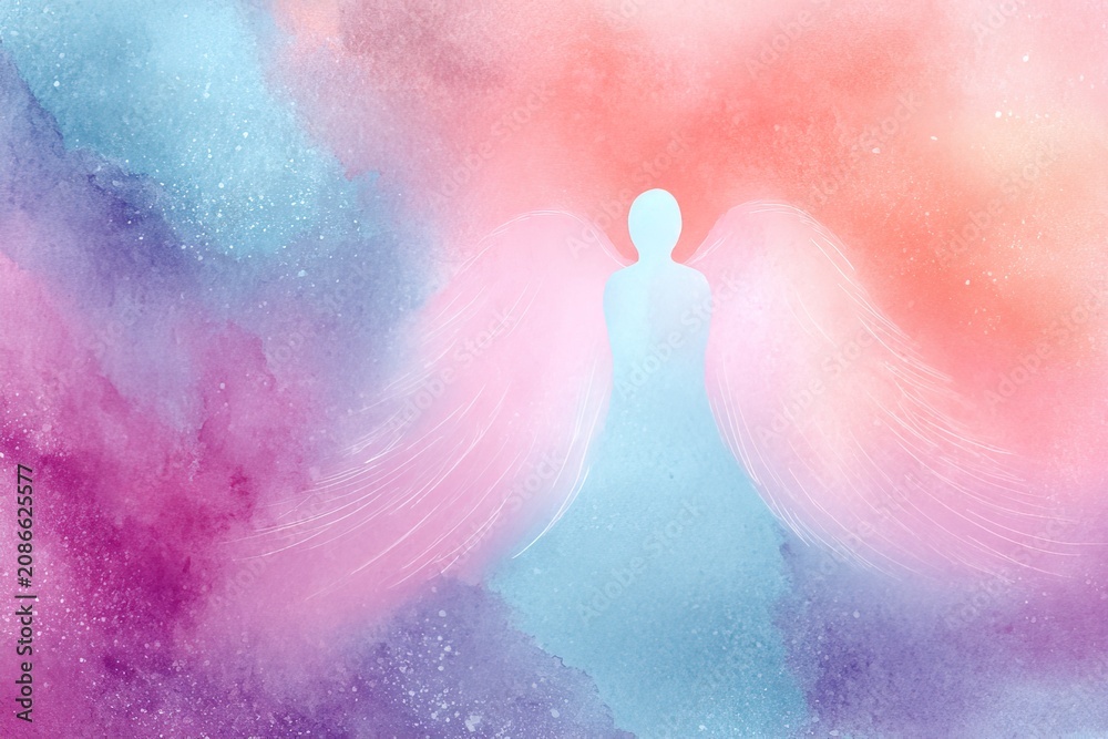 Obraz premium Delicate watercolor composition gentle angel with flowing soft wings on pastel tone background. Ideal for church events, inspirational art and faith-based branding