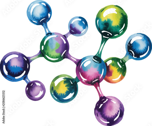 Abstract Watercolor Molecules in Darkness Vector Illustration, Chemistry and Science Concept Isolated on White