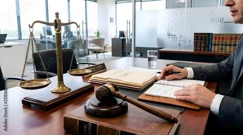 Lawyer's desk with scales of justice, gavel, books and documents in office