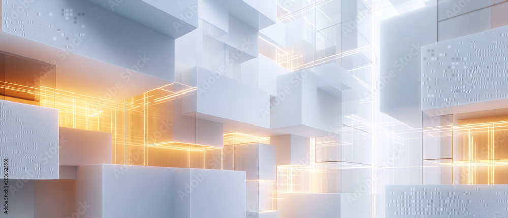 Fototapeta premium Abstract futuristic 3D geometric background with white cube structures and glowing orange light lines