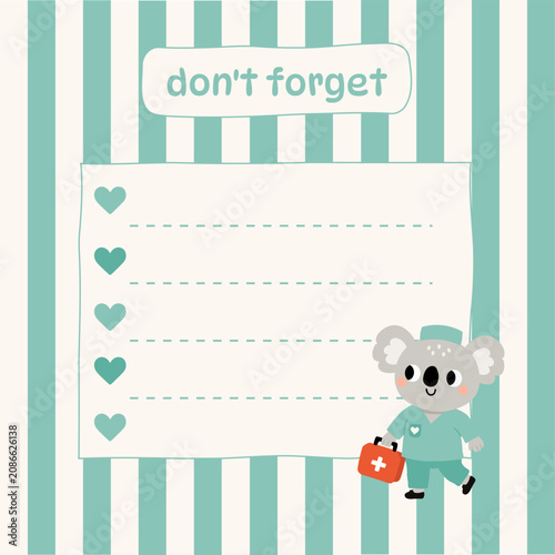 Photography Doctor koala memo pad template with sticky note lines and heart bullets on mint