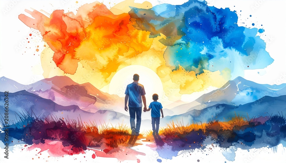 Fototapeta premium Inspirational Watercolor Father and Son Silhouette Walking Toward Mountains with Vibrant Artistic Landscape 