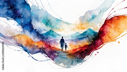 Inspirational Watercolor Father and Son Silhouette Walking Toward Mountains with Vibrant Artistic Landscape
