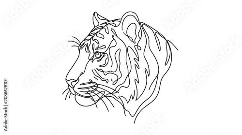 Minimalist Line Art Tiger Head Portrait, Single Continuous Line Drawing