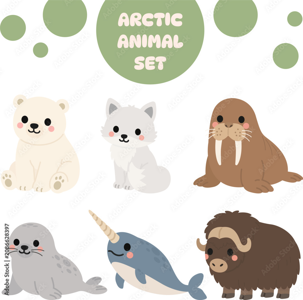 Fototapeta premium Cute Arctic Animal Set Flat Vector Illustration