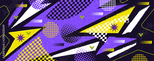 Abstract Background in Memphis Style With Geometric Shapes and Texture Effects. Retro Memphis Style Sports Banner or Poster Design