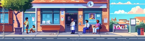 A pixel art scene of a cozy neighborhood clinic with a friendly doctor and patients feeling at ease  ,Abstract