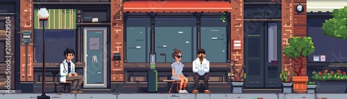 A pixel art scene of a cozy neighborhood clinic with a friendly doctor and patients feeling at ease  ,Abstract