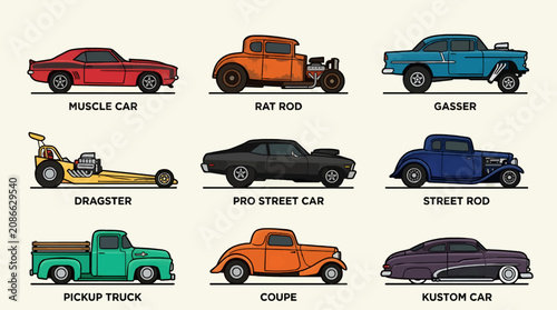 Εκτύπωση καμβά Flat Vector Icons of Nine Classic American Cars: Muscle, Rat Rod, Gasser, Dragst
