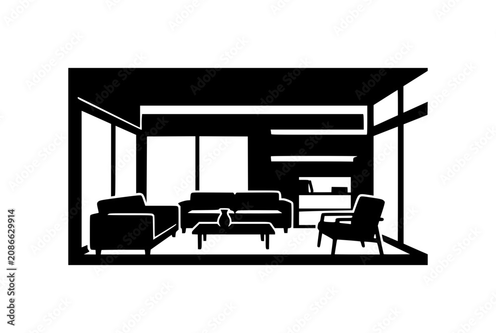 Fototapeta premium Minimalist Modern Living Room Interior Silhouette Illustration